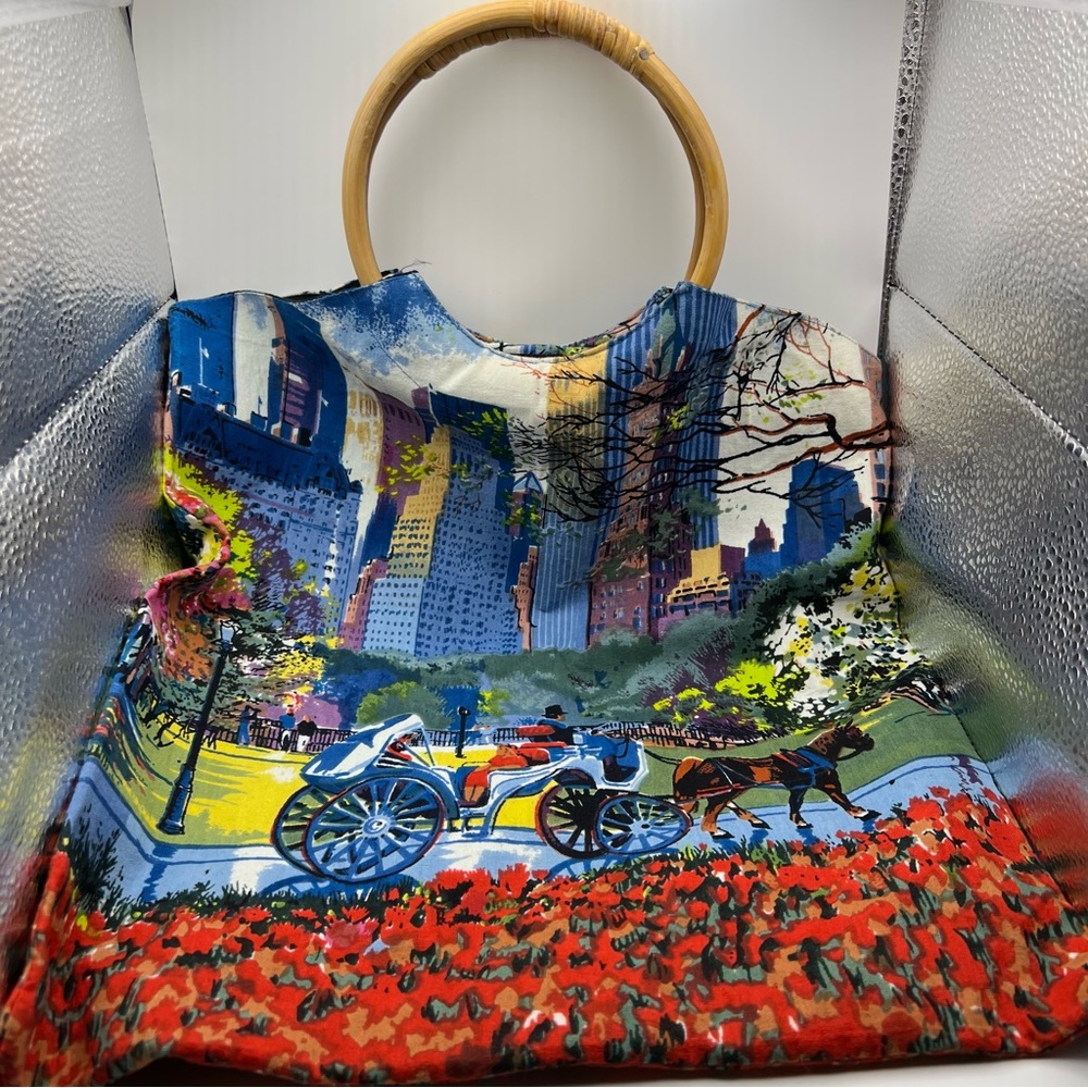 Vtg 90s Scenic Print Women's Bag with Bamboo Handle